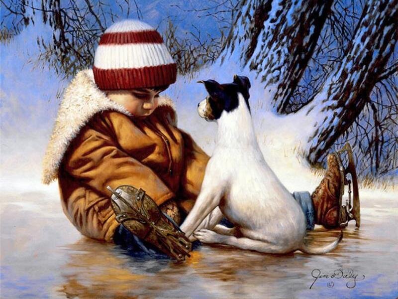 Child with Dog in Snow — White, Calm