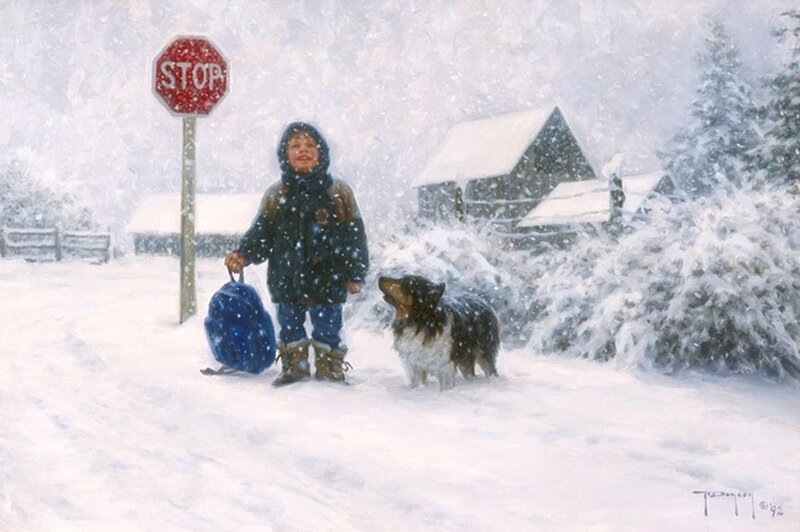 Child with Dog in Snow — White, Cold