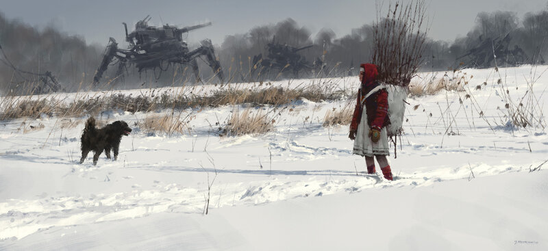 Child with Dog in Snow — White, Dramatic