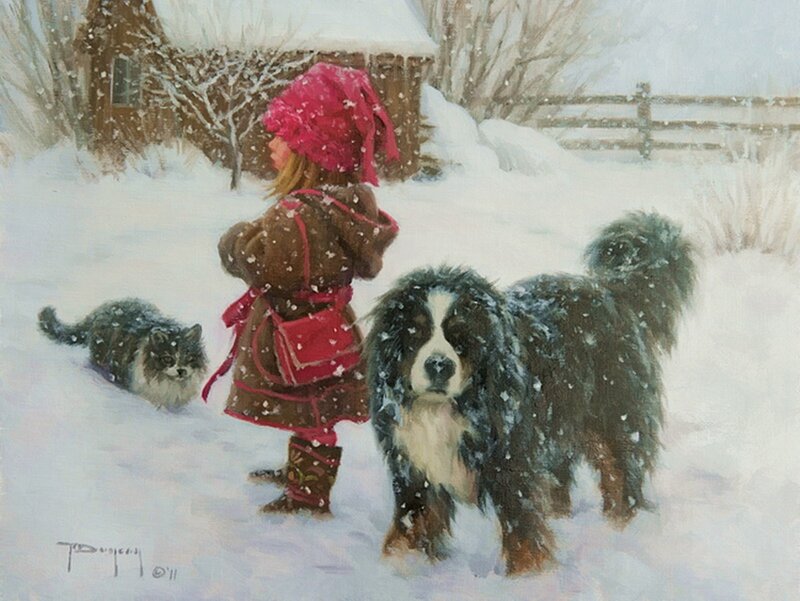 Child with Dog in Snow — White, Peaceful