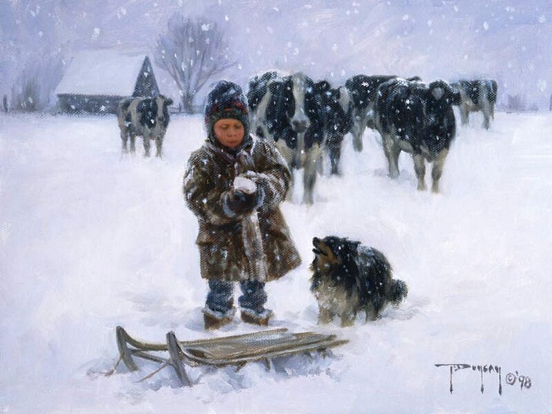 Child with Dog in Snow — White