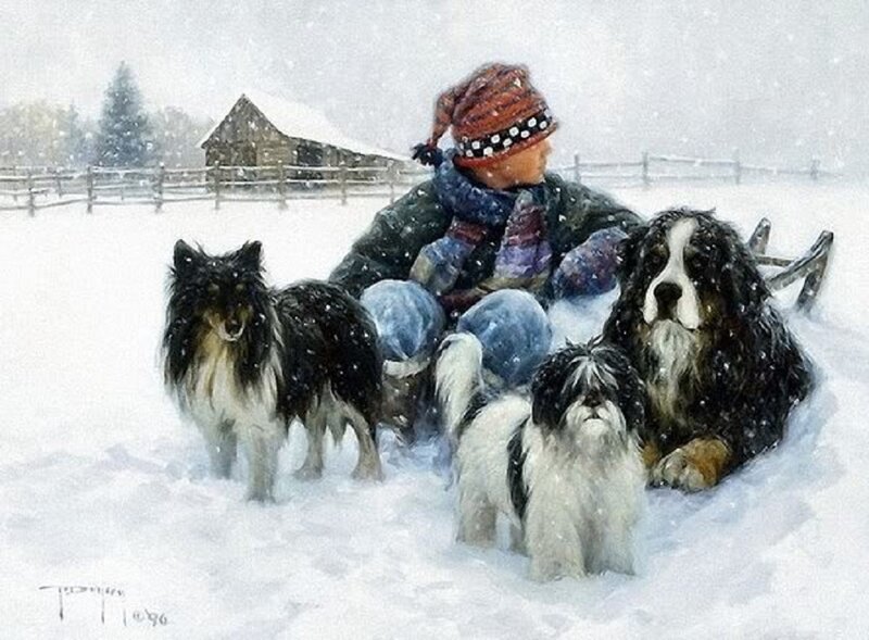 Child with Dogs in Snow