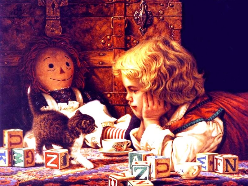 Child with Doll and Kitten — Brown, Calm