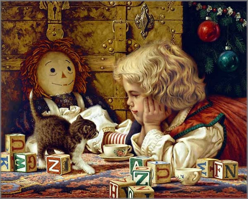 Child with Doll and Kitten — Brown