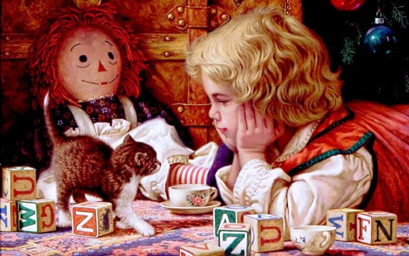 Child with Doll and Kitten