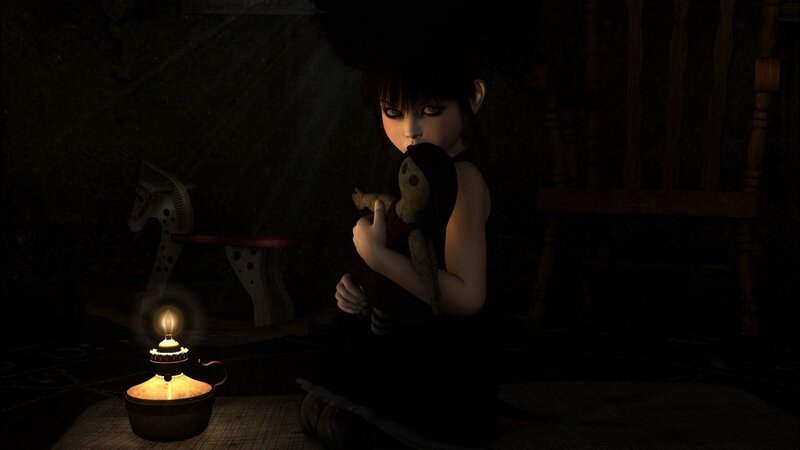 child with doll in dark room