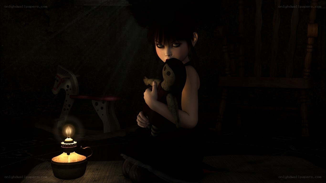 child with doll in dark room