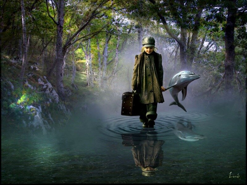 child with dolphin in forest stream