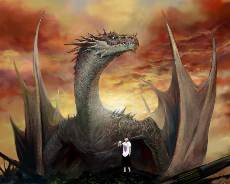 Child with Dragon — Orange, Dramatic