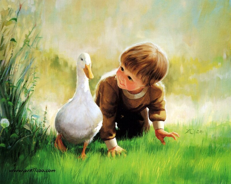 child with duck in grass