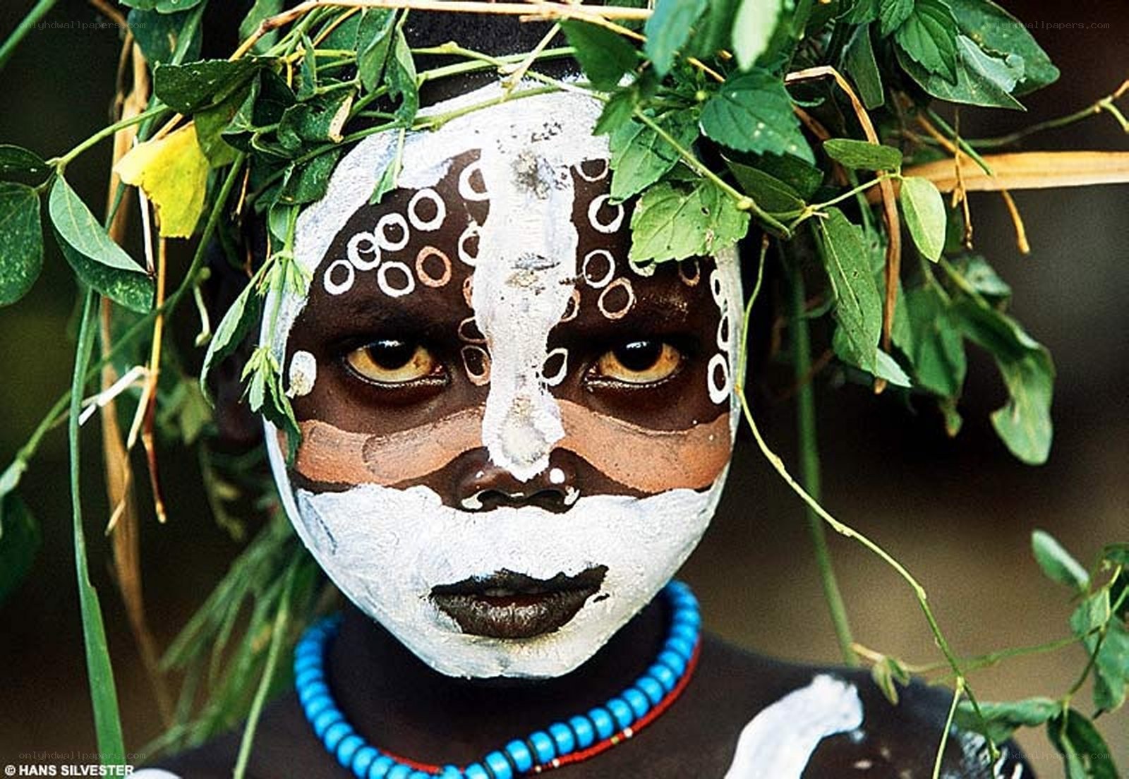 child with face paint and leaves