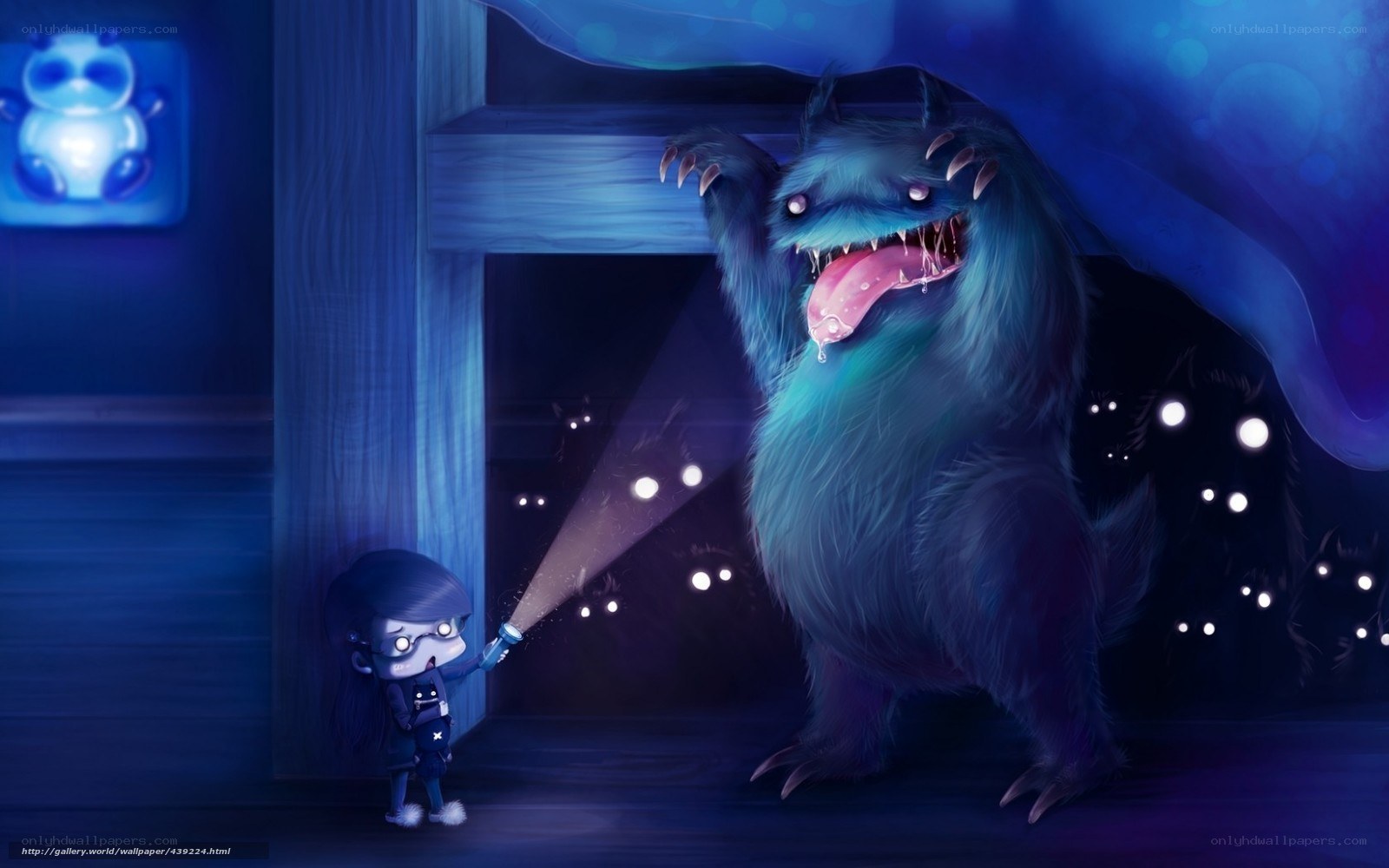 Child with flashlight facing monster