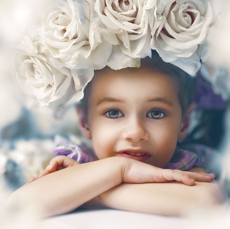 Child with Flower Crown — White, Serene, Photograph