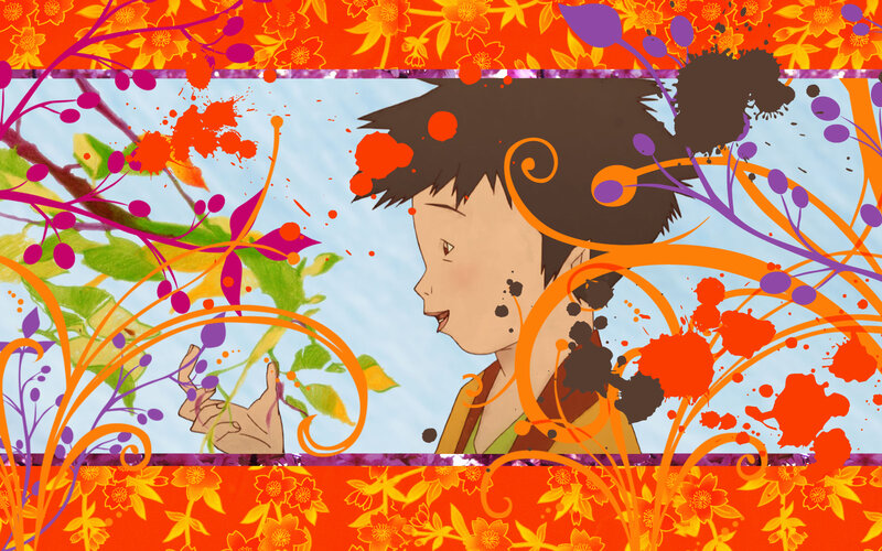child with flowers and splashes