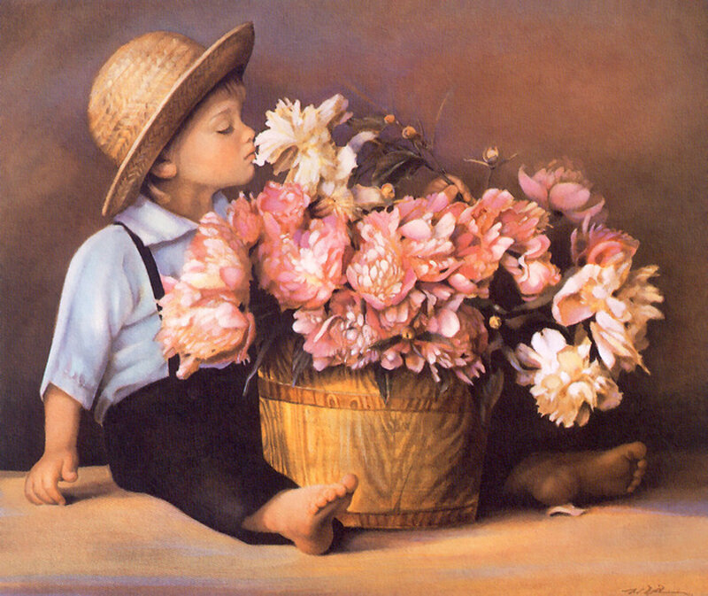 child with flowers in basket