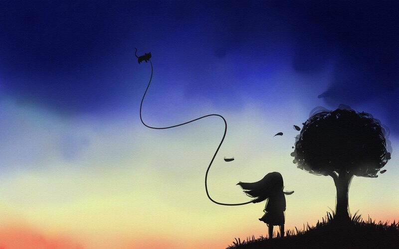 child with flying cat