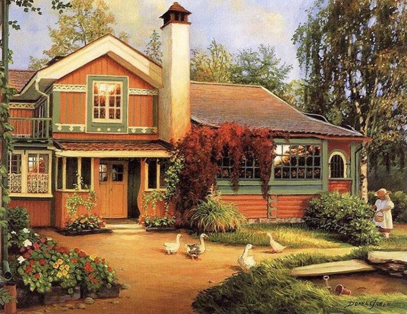 Child with Geese in Garden
