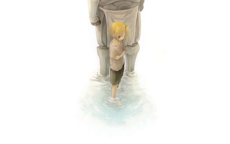 child with giant figure in water