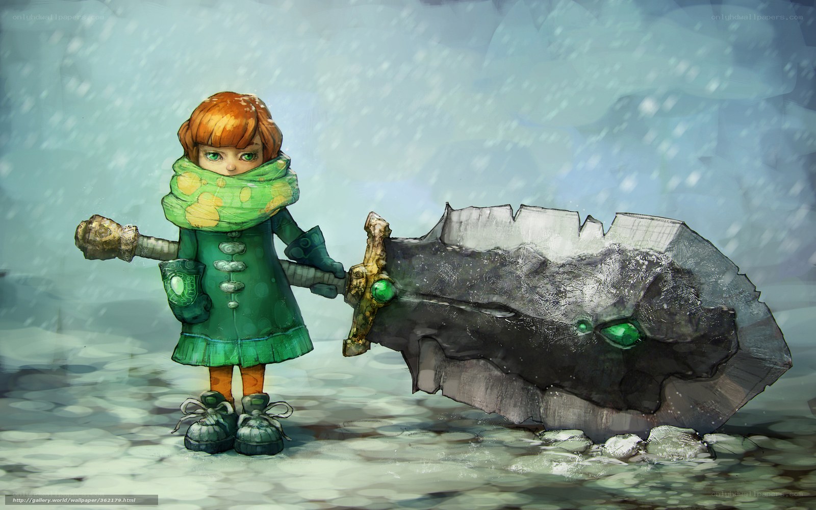 child with giant sword in snow