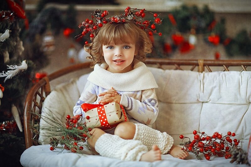 Child with Gift Box — White, Festive