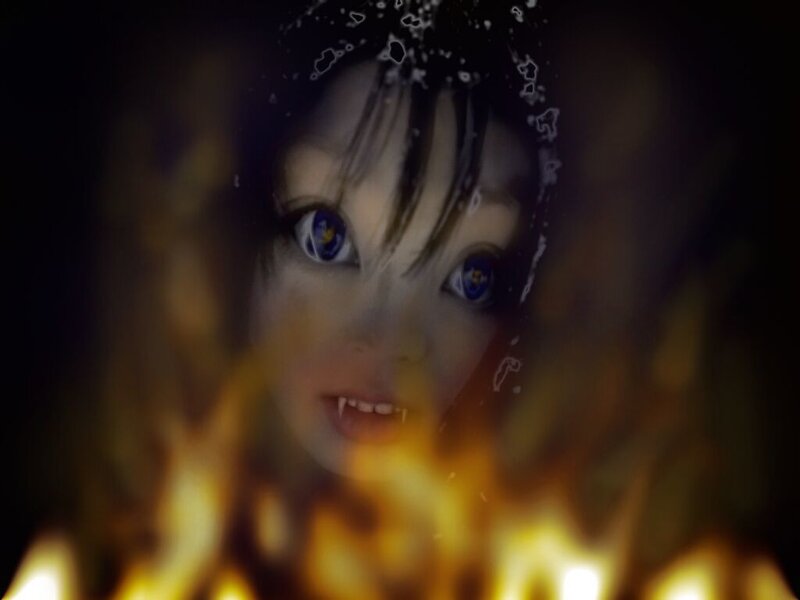child with glowing eyes in fire