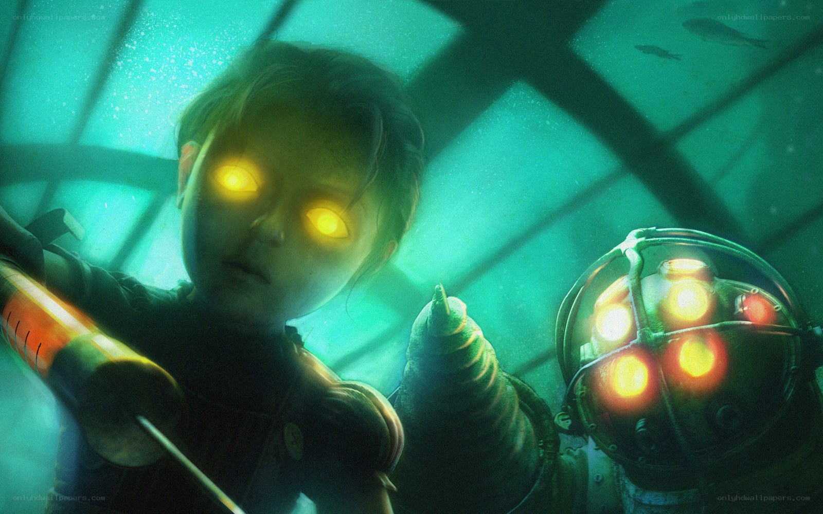 child with glowing eyes underwater