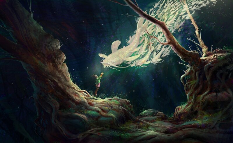 Child with Glowing Fish — Dark Green