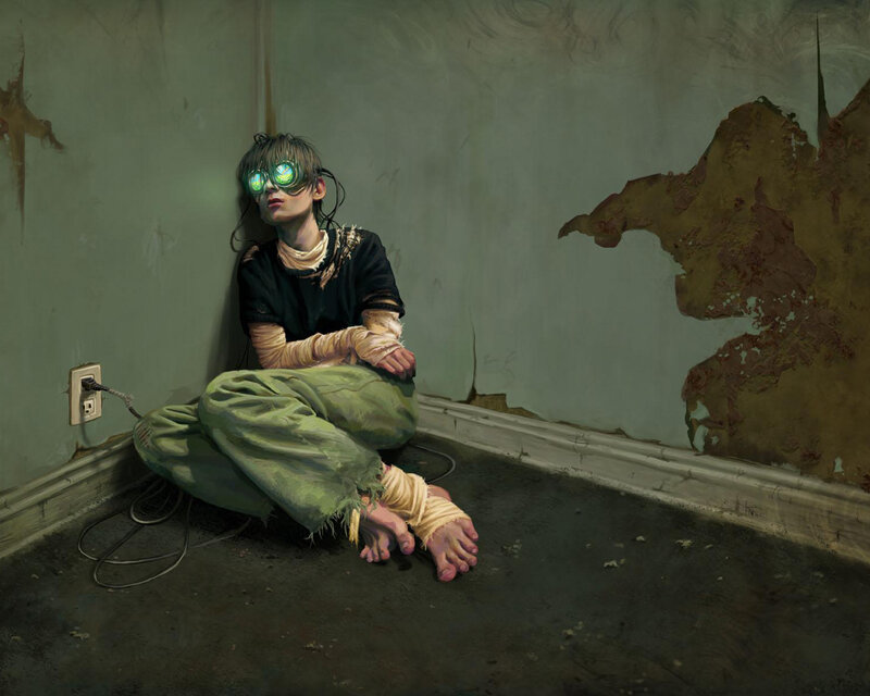 Child with Glowing Goggles — Green, Dramatic, Digital Art