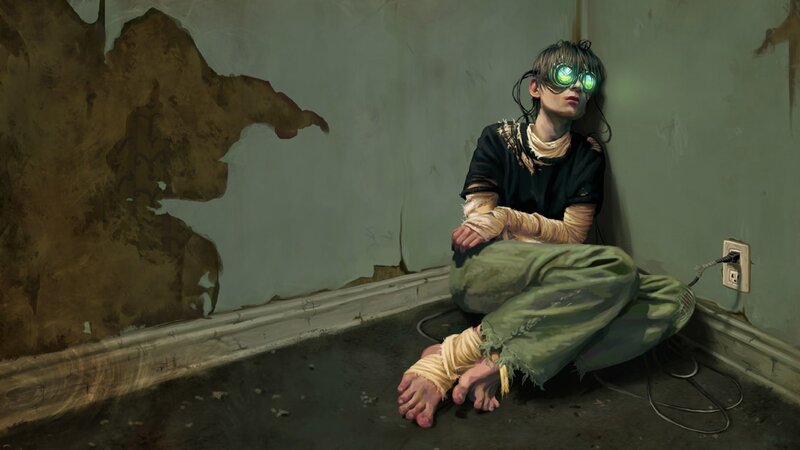 Child with Glowing Goggles — Green, Dramatic