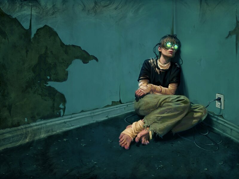 Child with glowing goggles in a ruined room
