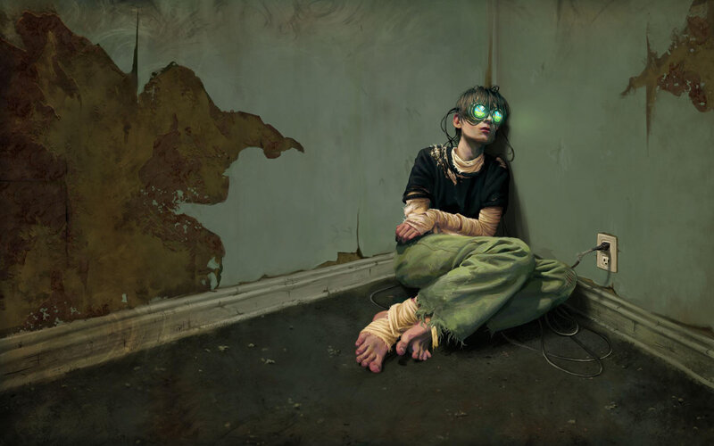 child with glowing goggles in basement