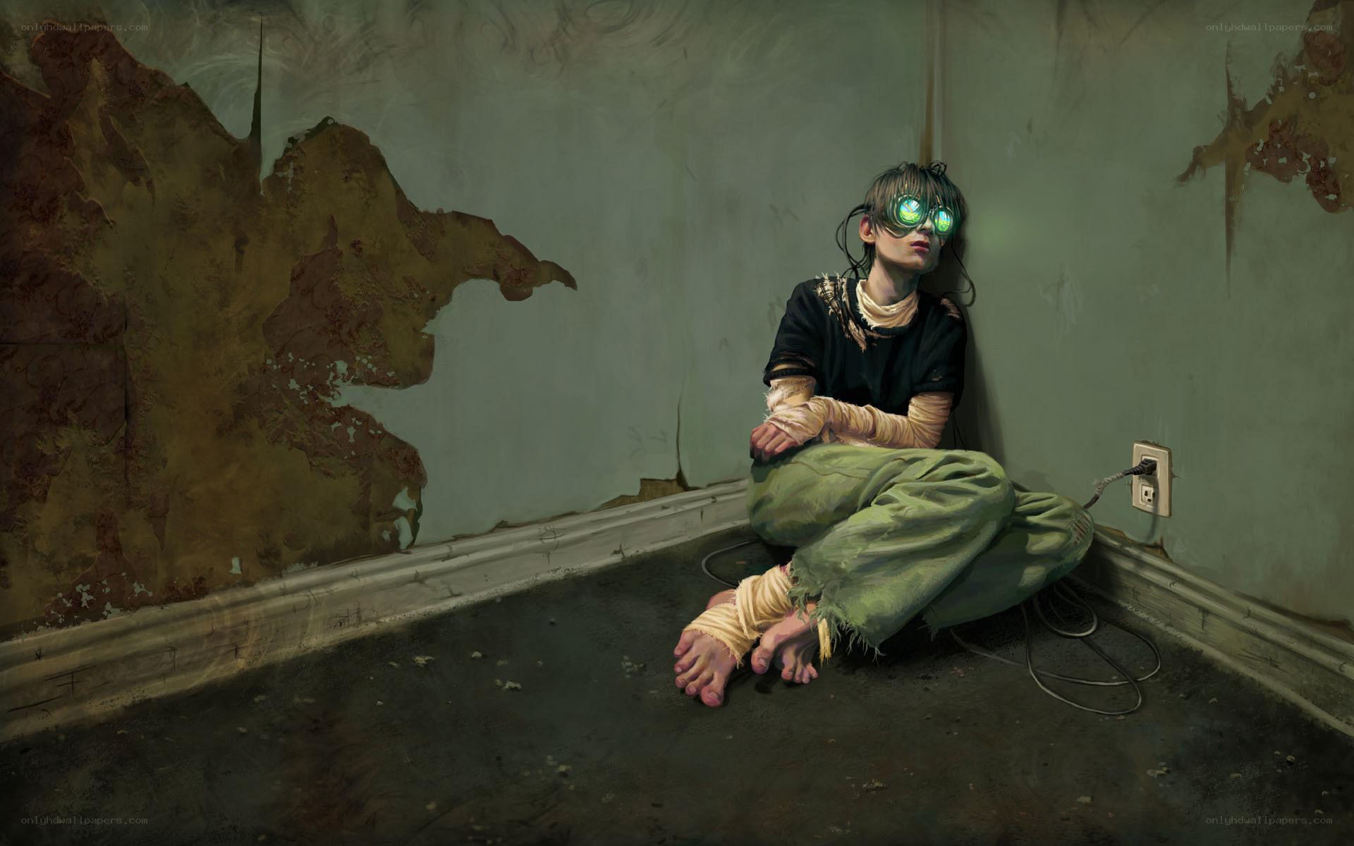 child with glowing goggles in basement
