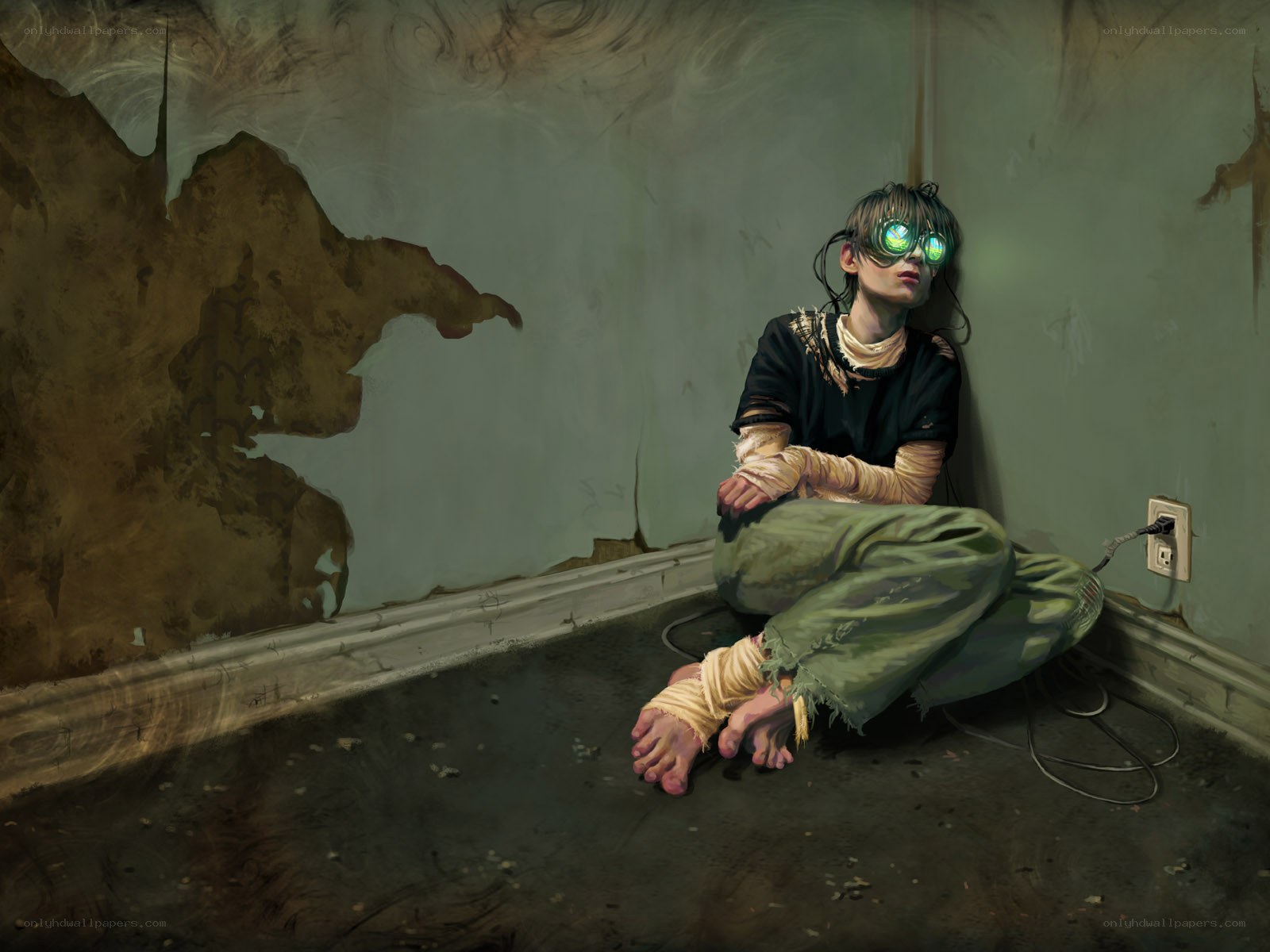 child with glowing goggles in ruin