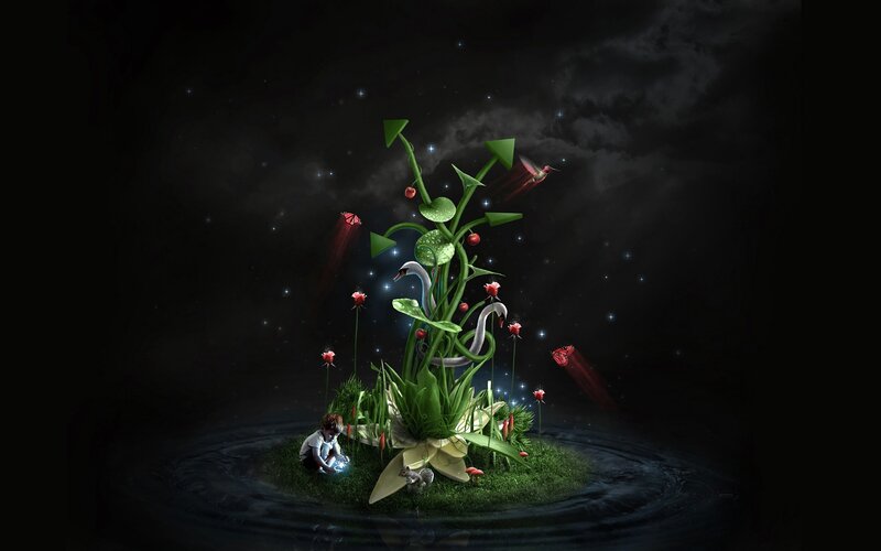 Child with Glowing Orb — Green, Dreamy, Night, Digital Art