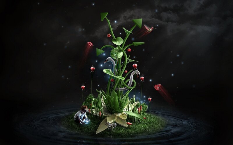 Child with Glowing Orb — Green, Dreamy, Night