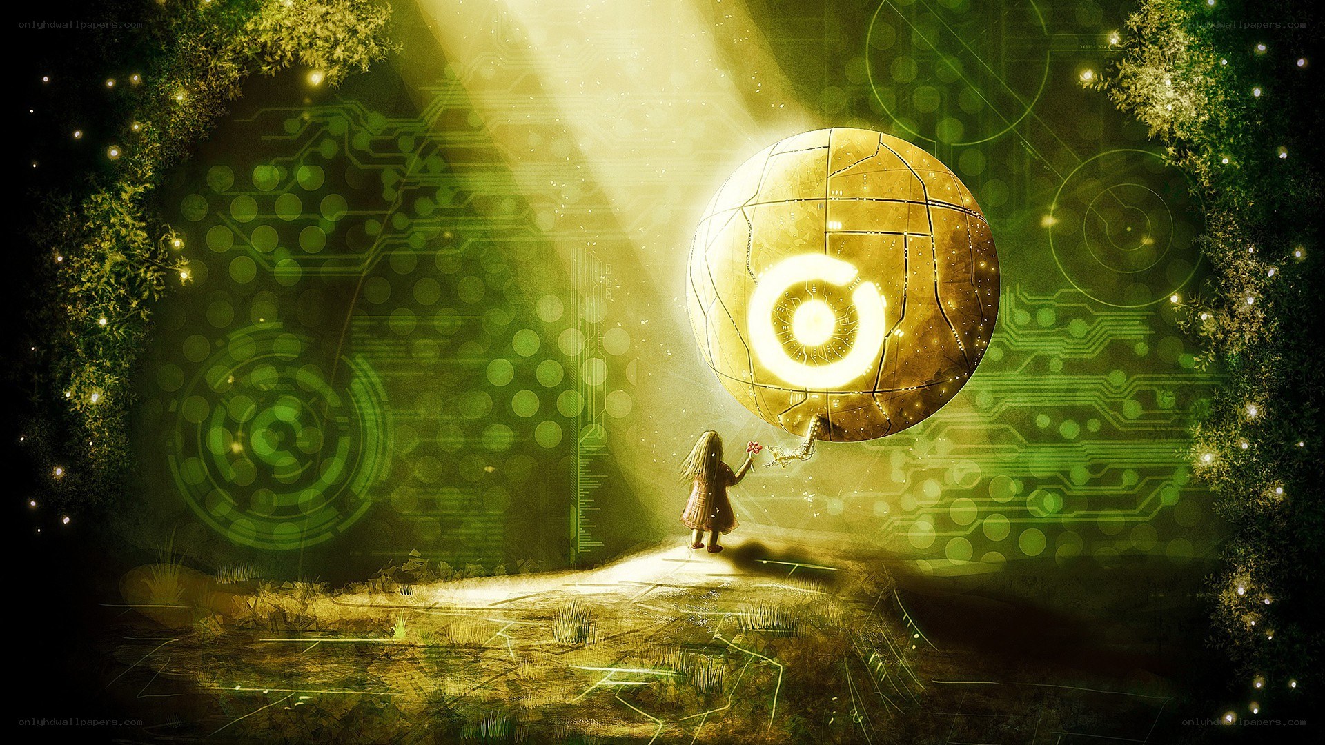 child with glowing orb in forest