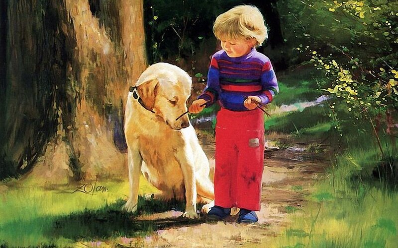 Child with Golden Retriever — Green, Serene