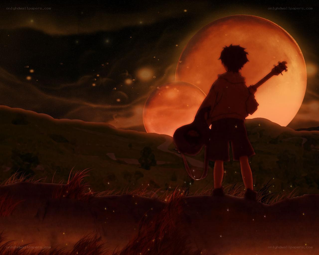 Child with guitar under alien sky