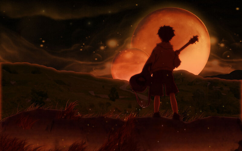 Child with guitar under red moons