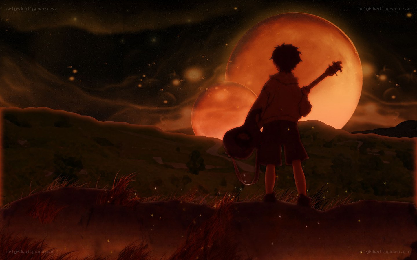 Child with guitar under red moons