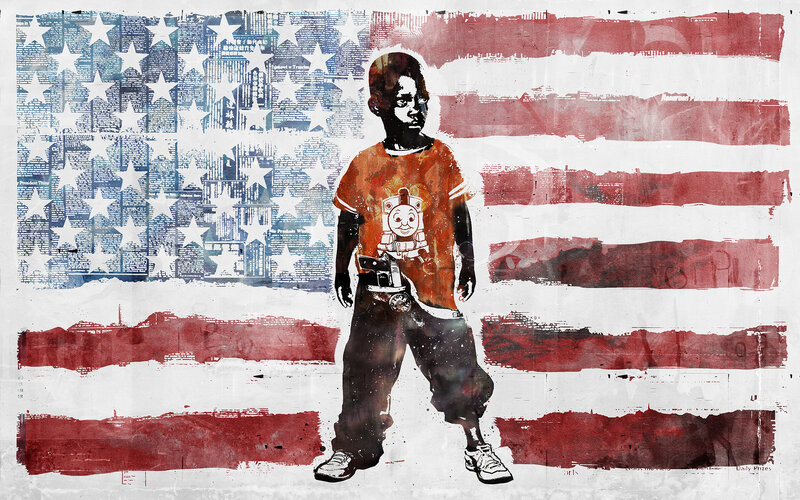 Child with gun in front of flag