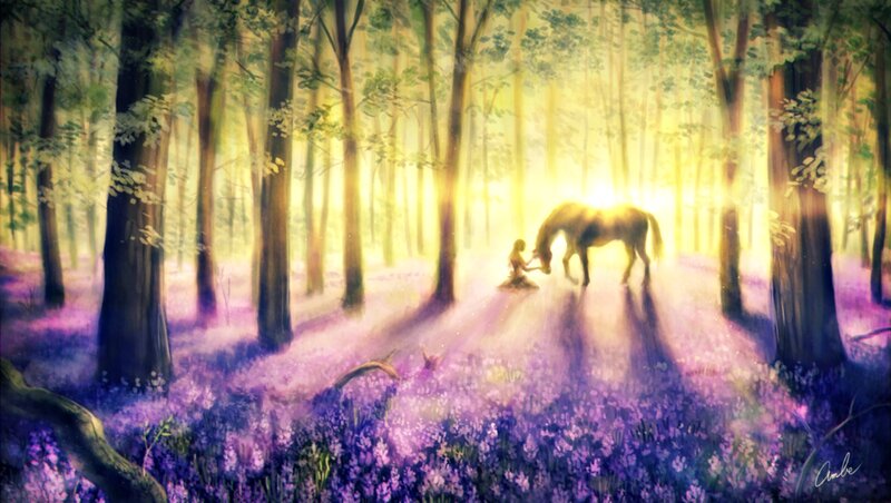 Child with Horse in Forest — Purple