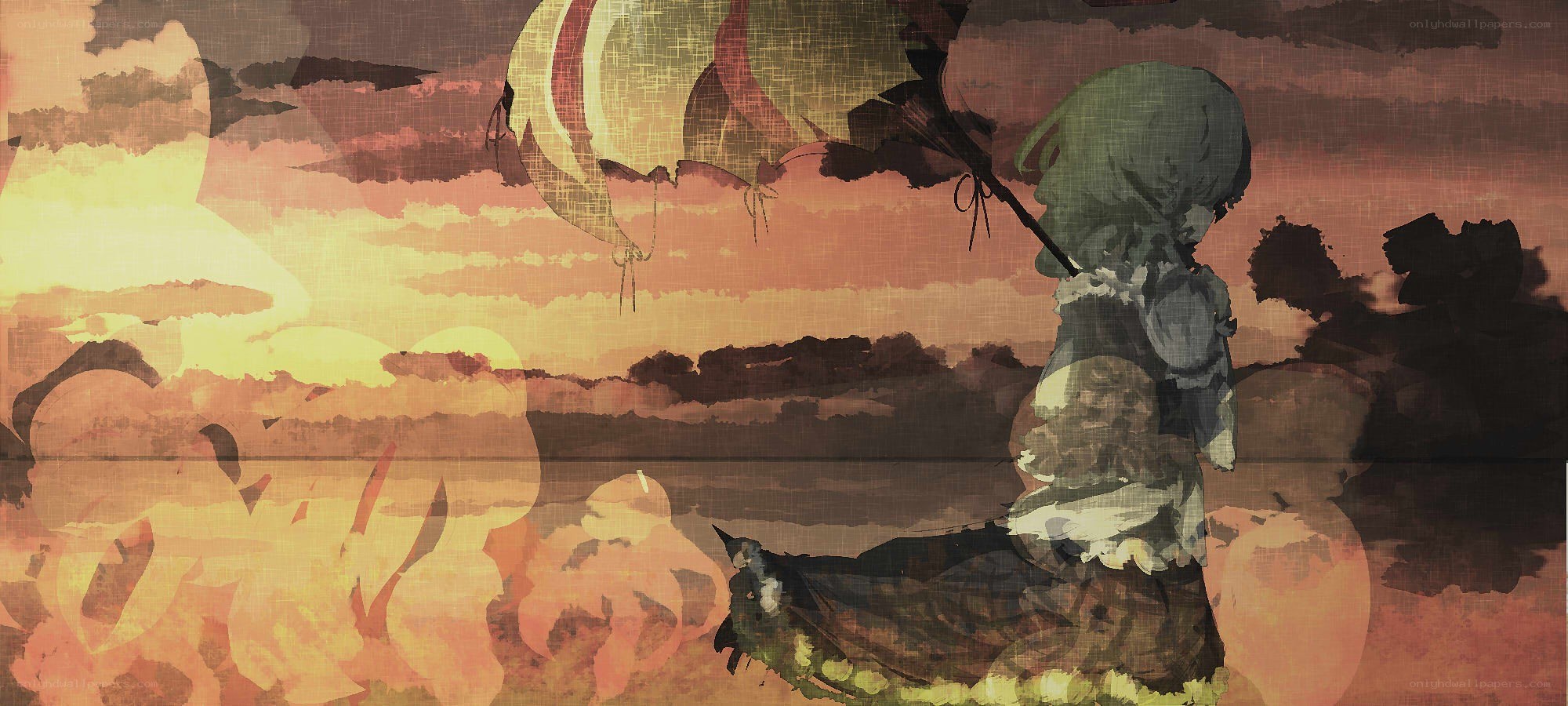 child with hot air balloon at sunset