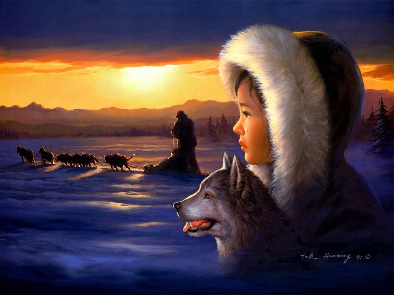 Child with Husky Dog — Blue, Dramatic