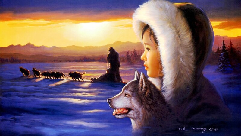 Child with Husky Dog — Blue, Serene