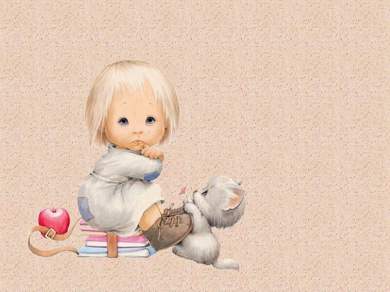 child with kitten and books