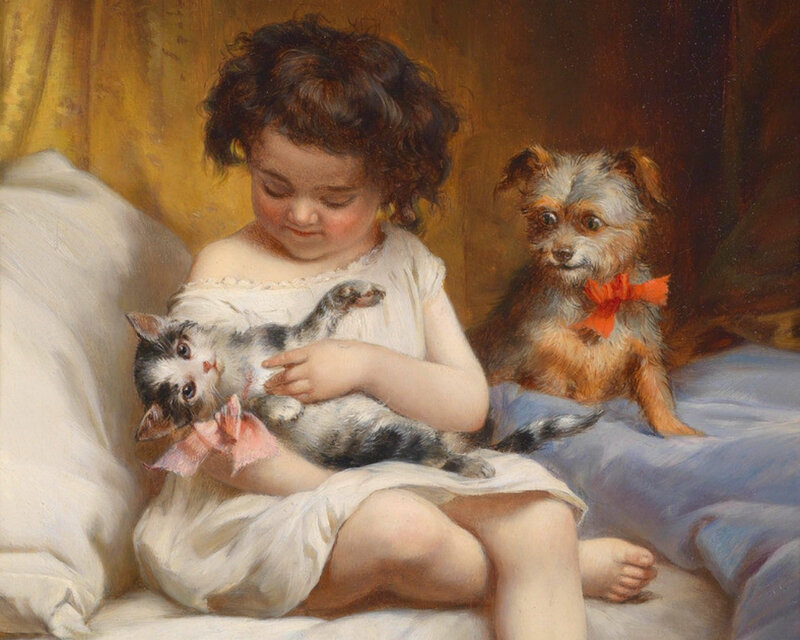 Child with Kitten and Dog