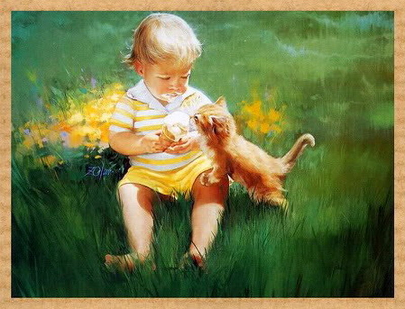 Child with Kitten — Green, Peaceful