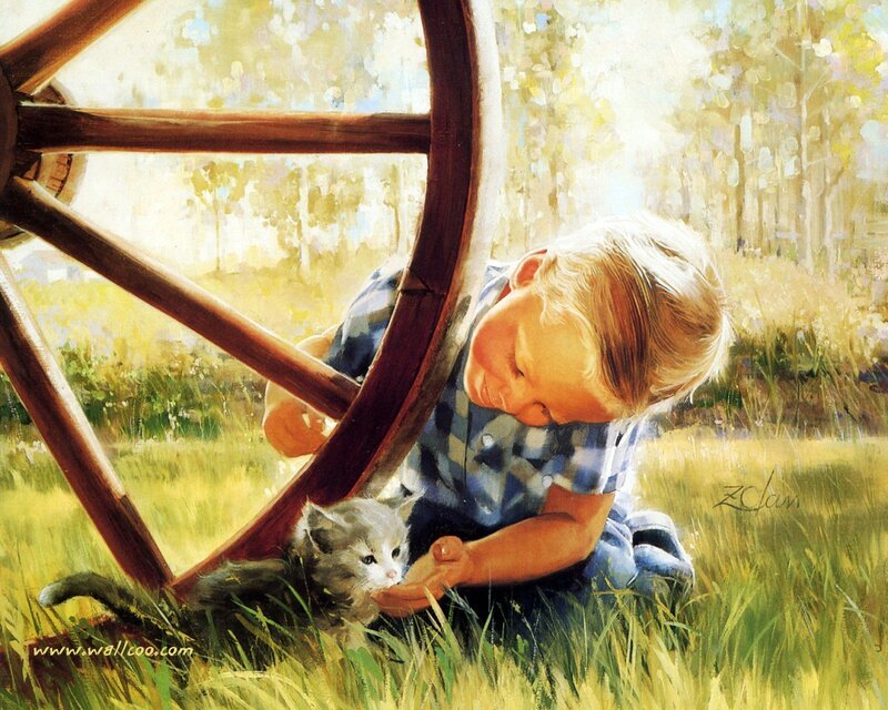 Child with Kitten — Green, Serene
