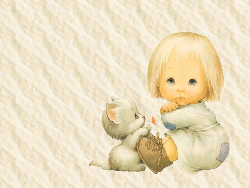 child with kitten illustration